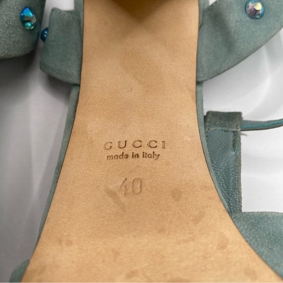 Gucci Jacquelyne Suede T-strap Heels with Crystal Accents - Picture 11 of 11